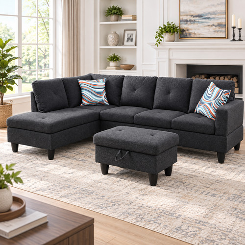 Black grey linen living - black,